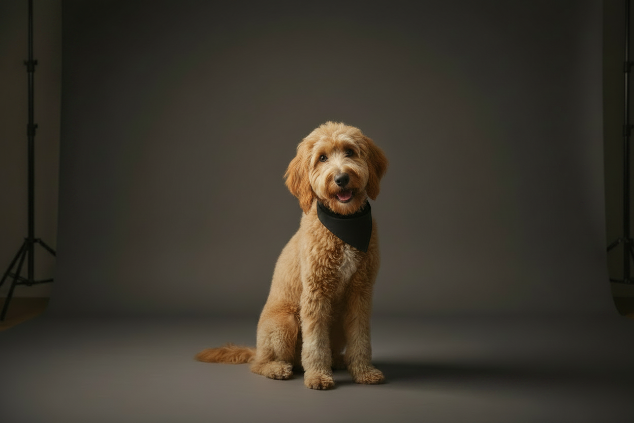 Dog standing in a bright living room with large windows and a plant.